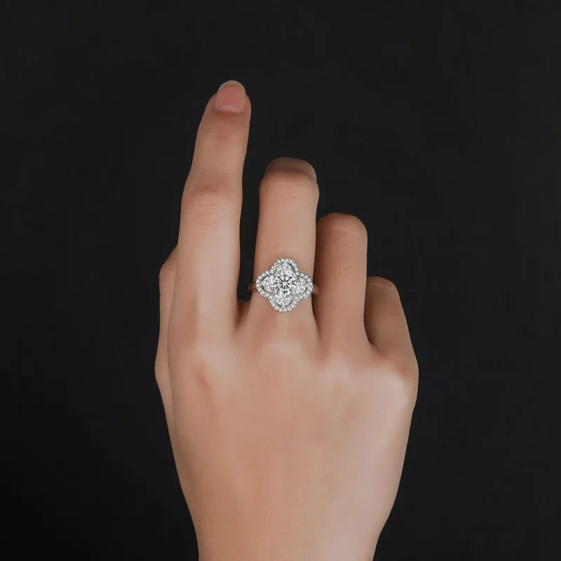 FIRERING 1 Moissanite Clover Ring with Certificate Passed Diamond Test S925 Silver Women Romantic Jewelry Gift
